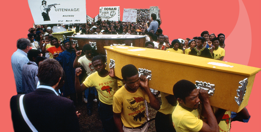 Mourners carrying coffins