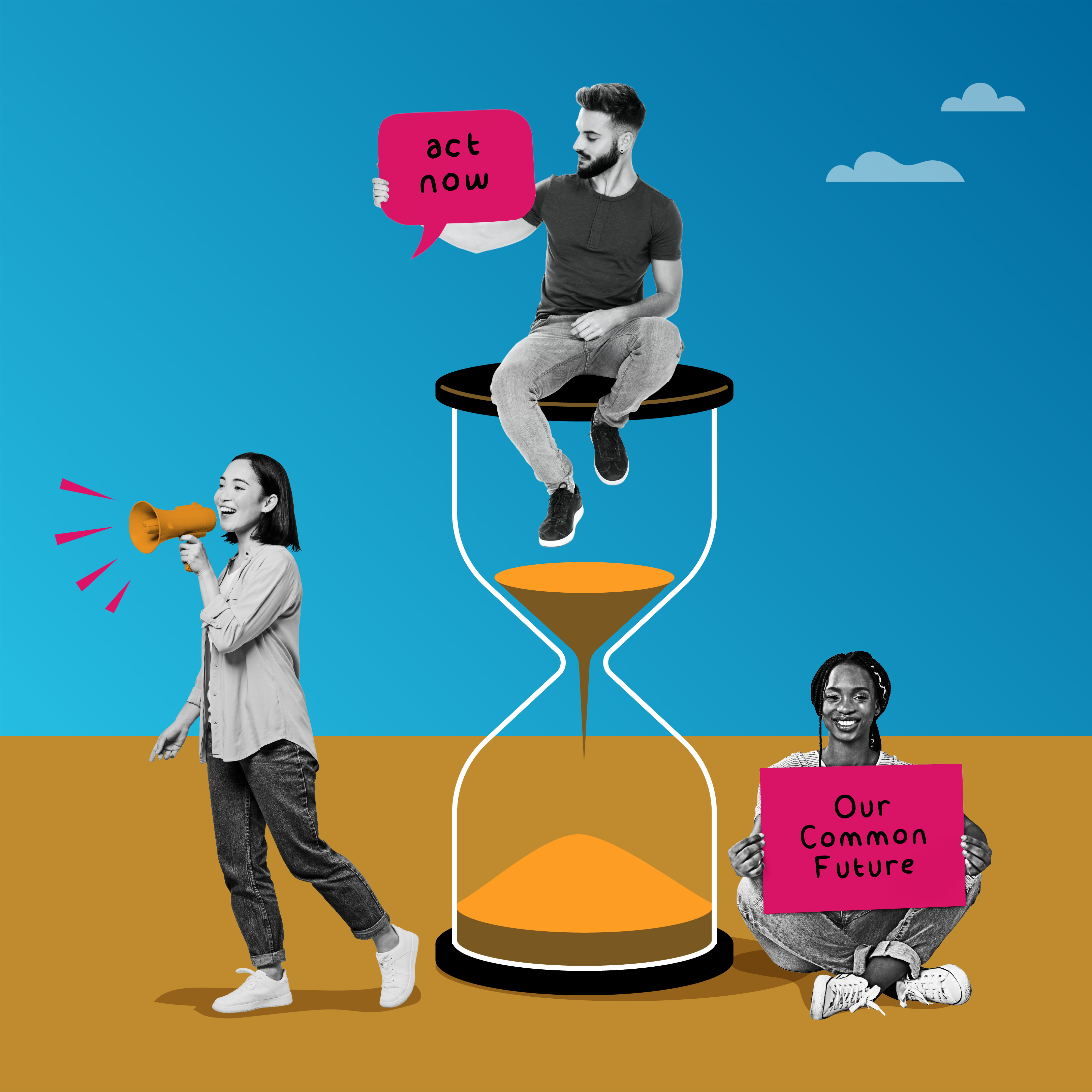 illustration d'une personne assise sur un sablier, entre deux personnes debout