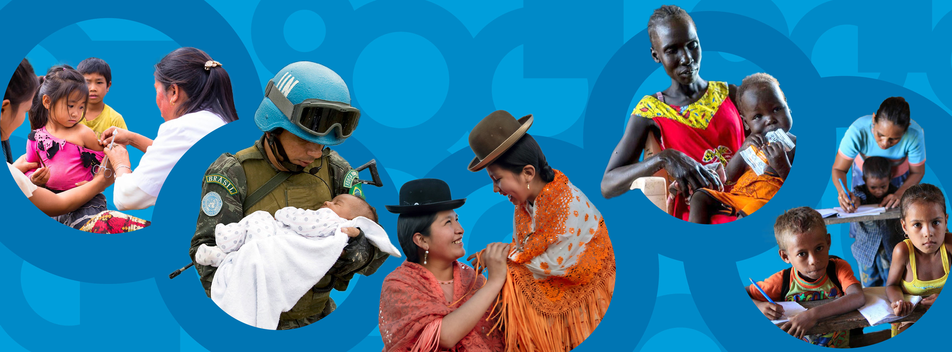 child getting vaccinated; peacekeeper holding baby; mother and girl in indigenous attire; mother and baby eating nutritional food pouch; children being taught to write