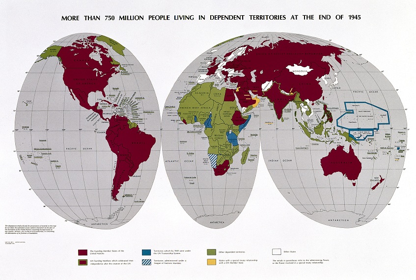 colorful cartographic map with text 'more than 50 million people living in dependent territories at the end of 1945