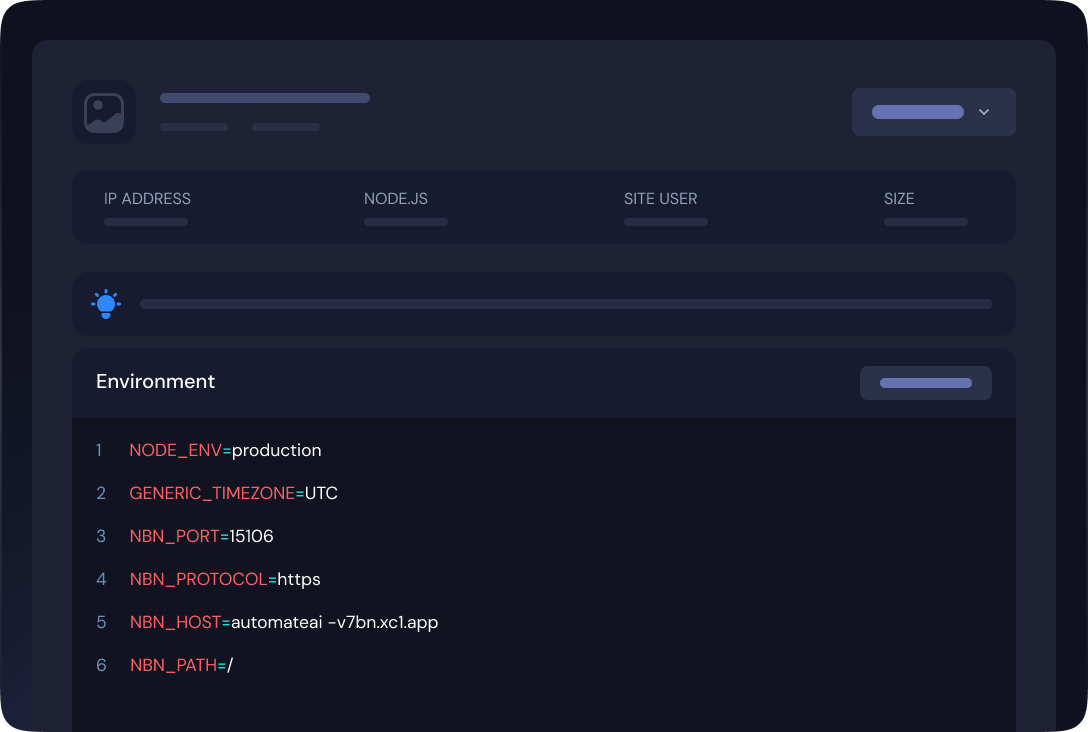 The n8n environment editor showing NODE_ENV and port variables