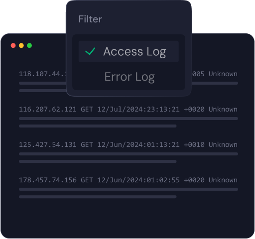 Server and site logs open in the dashboard
