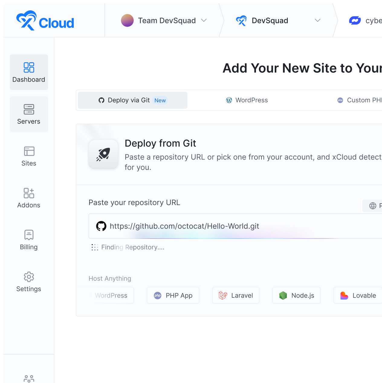 xCloud dashboard showing the Deploy via Git setup â connect a GitHub
repository or pick a stack, and xCloud builds and deploys it.