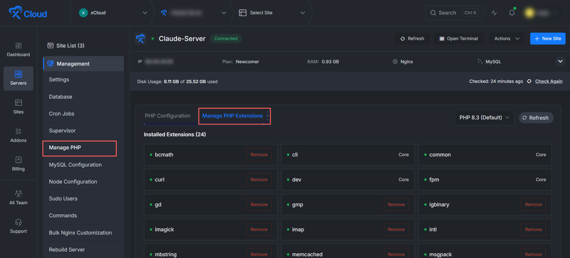 xCloud Manage PHP Extensions select the âManage PHP Extensionsâ tab