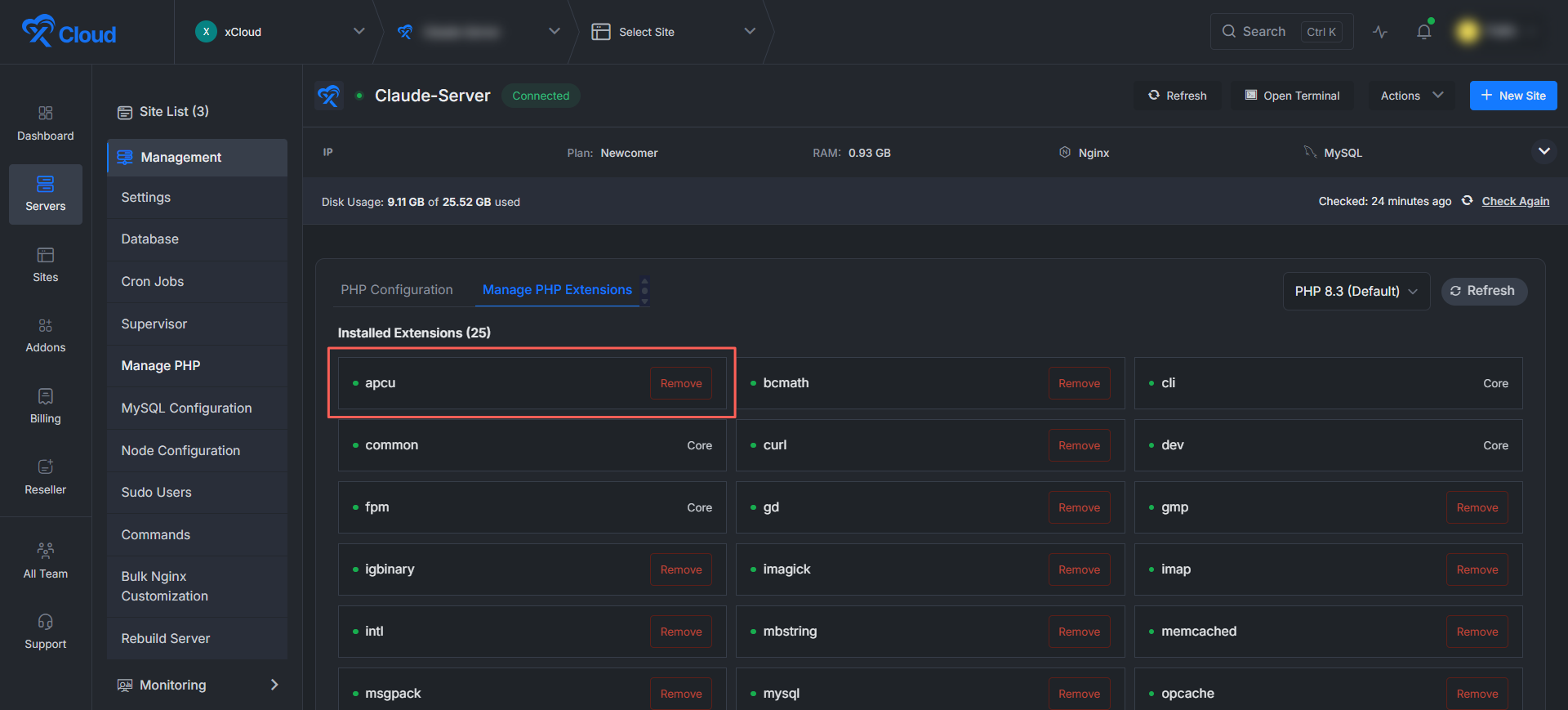 xCloud Manage PHP Extensions the extension moves to the âInstalled Extensionsâ section and the installed count increases.